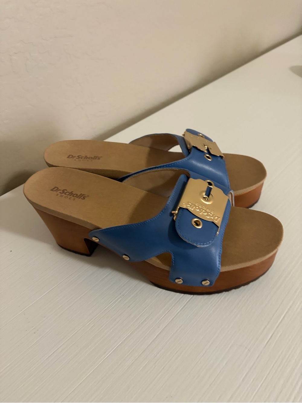 ☀️💙Dr. Scholl's Blue Leather Buckle Platform Slide Clogs💙☀️